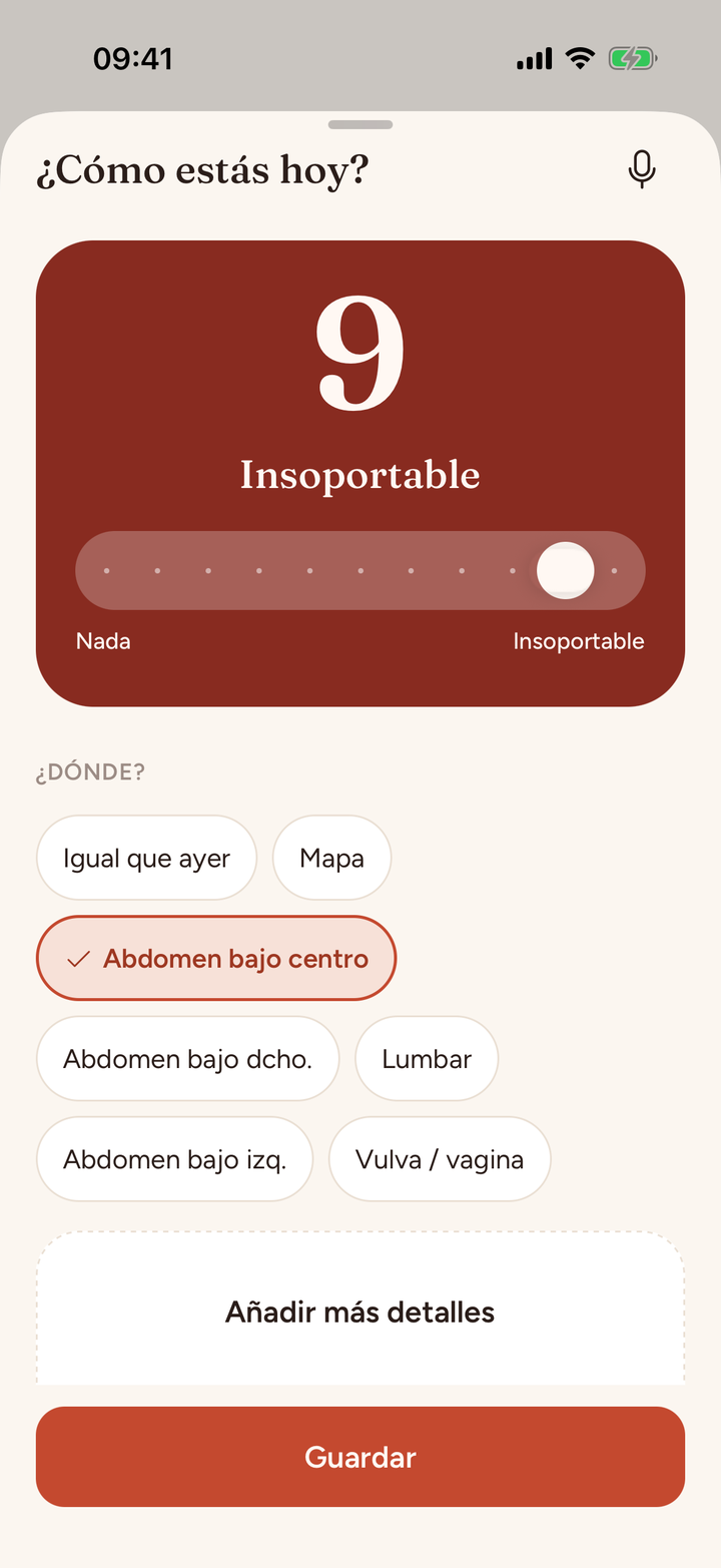 Pantalla para anotar el dolor de hoy con una escala del 0 al 10